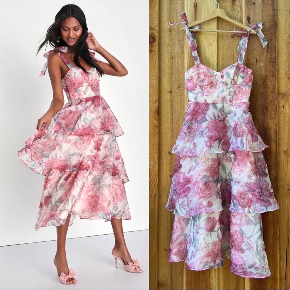 Blush Pink Floral Bustier Organza Tie-Strap Tiered Ruffle Midi Dress 🌿
